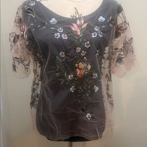 Zara light pink mesh embroidered top M